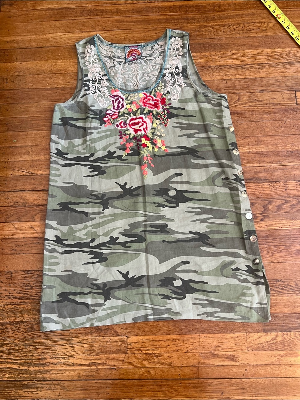 Johnny Was Olive Camo Sleeveless Tunic with Pink Floral Embroidery